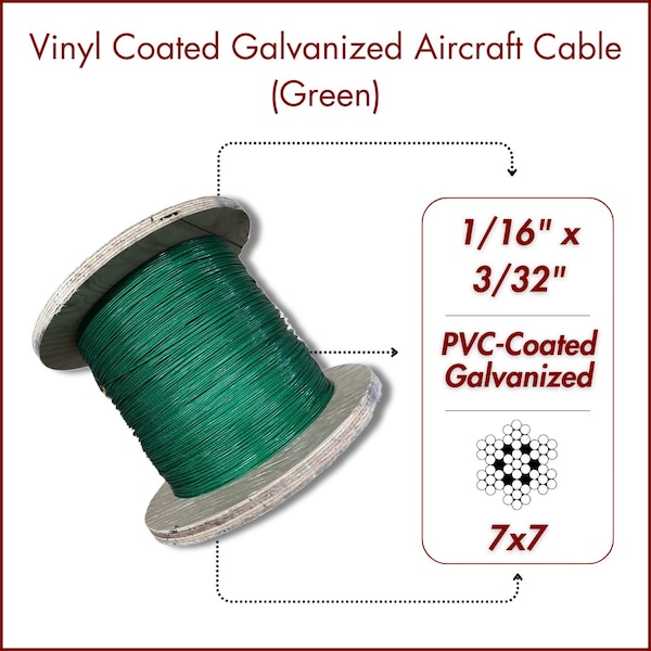 Laureola Industries 1/16 in.-3/32 in. Vinyl Coated Green Galvanized Cable 7x7 Strand Aircraft Cable Wire Rope, 100 ft ZAG116332-77-GPG-100 - main