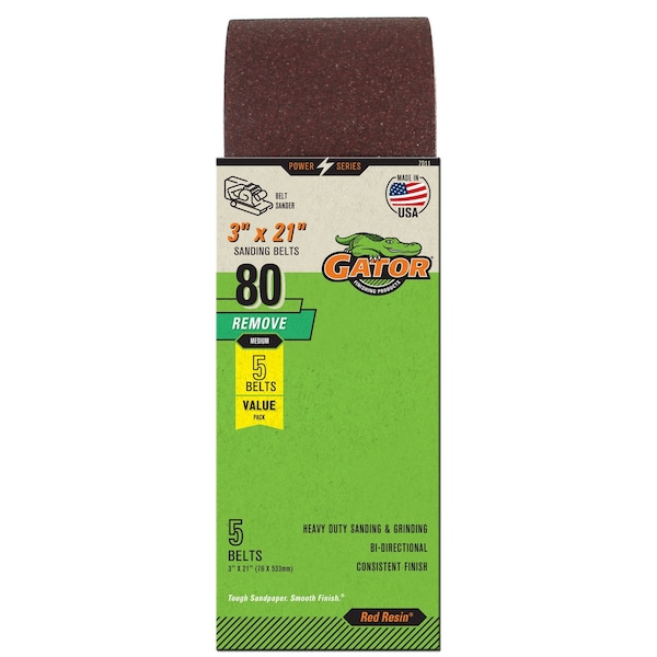 Gator Finishing Red Resin 3 x 21 in. Sanding Belt, 80 Grit, Medium, 5PK 7011GA - main