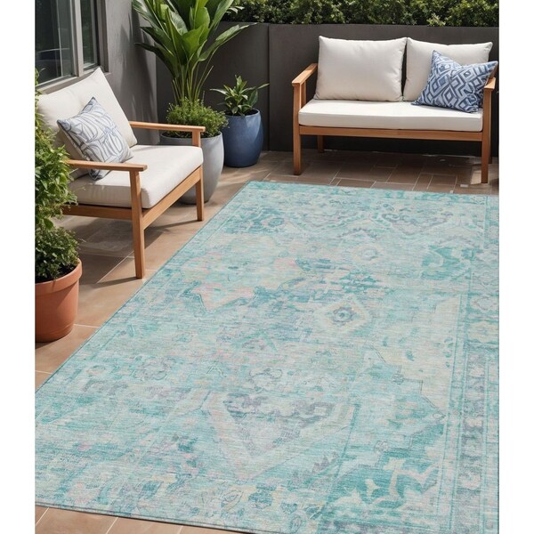 Homeroots 5' X 8' Teal Blue And Pink Floral Medallion Washable Indoor Outdoor Area Rug 616635 - main