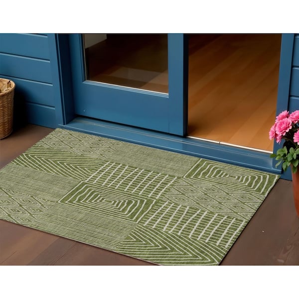Homeroots 3' X 5' Olive Green And Beige Geometric Washable Indoor Outdoor Area Rug 596956 - main