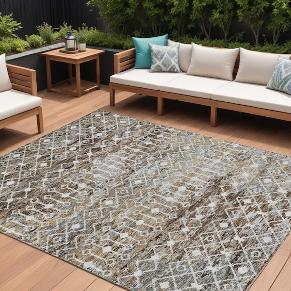 Homeroots 10' X 14' Brown And Beige Argyle Washable Indoor Outdoor Area Rug 615799 - main