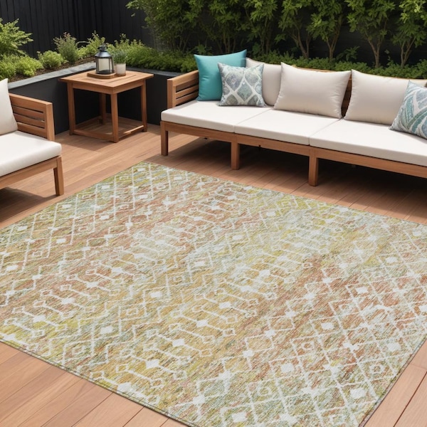 Homeroots 10' X 14' Peach And Ivory Argyle Washable Indoor Outdoor Area Rug 615817 - main