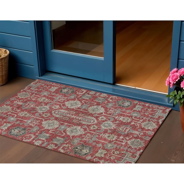 Homeroots 3' X 5' Red Beige And Charcoal Oriental Washable Indoor Outdoor Area Rug 582128 - main