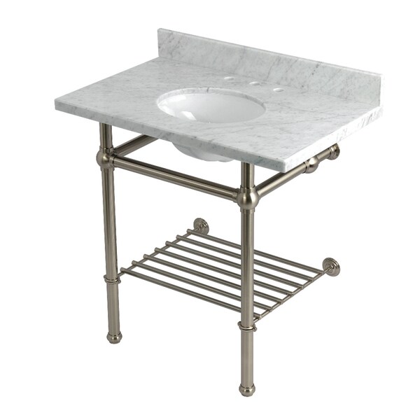 Kingston Brass 36-Inch Carrara Marble Console Sink with Brass Legs and Shelf, 8-Inch, 3-Hole KVPB36MBB8 - main