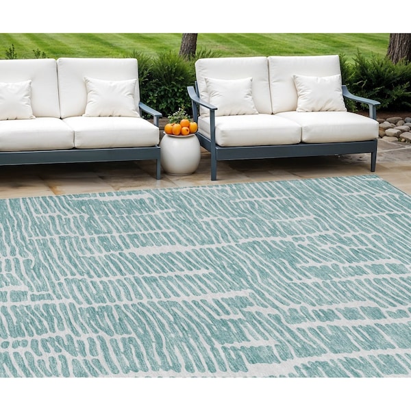 Homeroots 10' X 14' Teal Blue And Ivory Abstract Washable Indoor Outdoor Area Rug 588521 - main