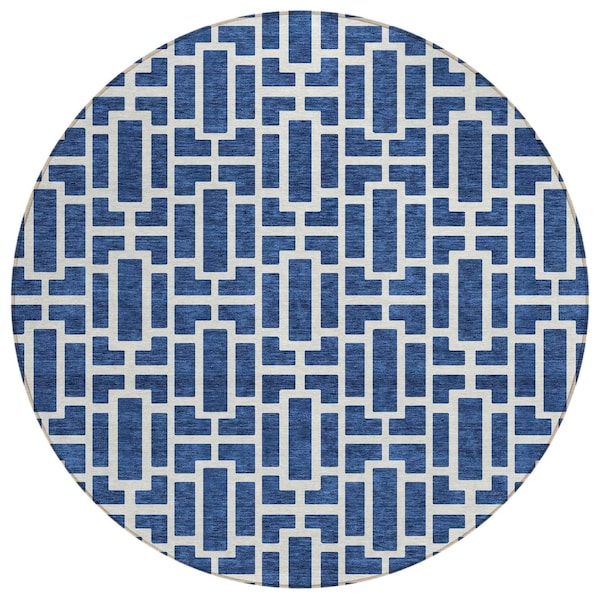 Homeroots 8' Navy Blue And Ivory Round Geometric Washable Indoor Outdoor Area Rug 594859 - main