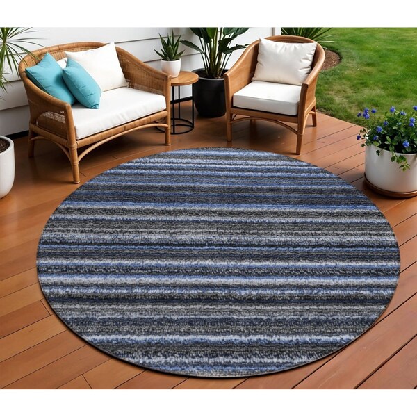 Homeroots 8' Denim Blue And Gray Round Striped Washable Indoor Outdoor Area Rug 577765 - main