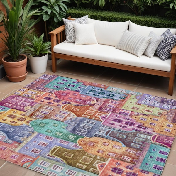 Homeroots 9' X 12' Red Gold And Teal Blue Village Houses Washable Indoor Outdoor Area Rug 577881 - main