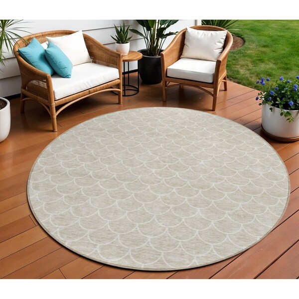 Homeroots 8' Beige And Ivory Round Geometric Washable Indoor Outdoor Area Rug 596161 - main