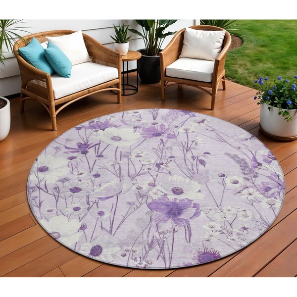 Homeroots 8' Lavender And Lilac Round Floral Washable Indoor Outdoor Area Rug 611152 - main