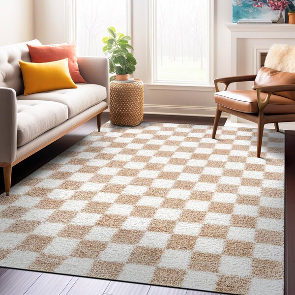 World Rug Gallery Beige Block Shag Area Rug 5 ft x 7 ft Beige WR118BEIGE5X7 - main