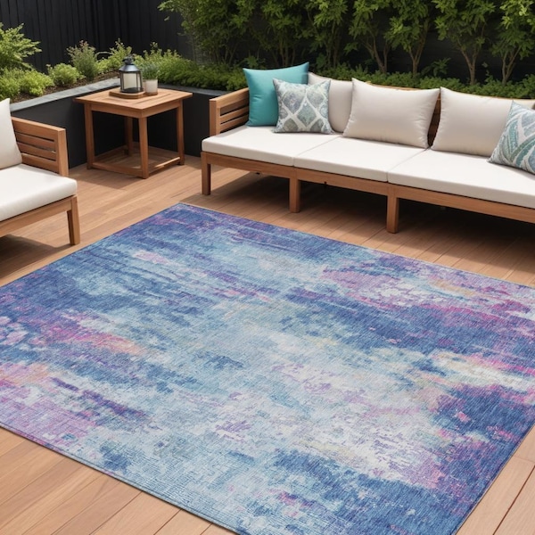 Homeroots 10' X 14' Blue Peach And Sky Blue Abstract Washable Indoor Outdoor Area Rug 615859 - main