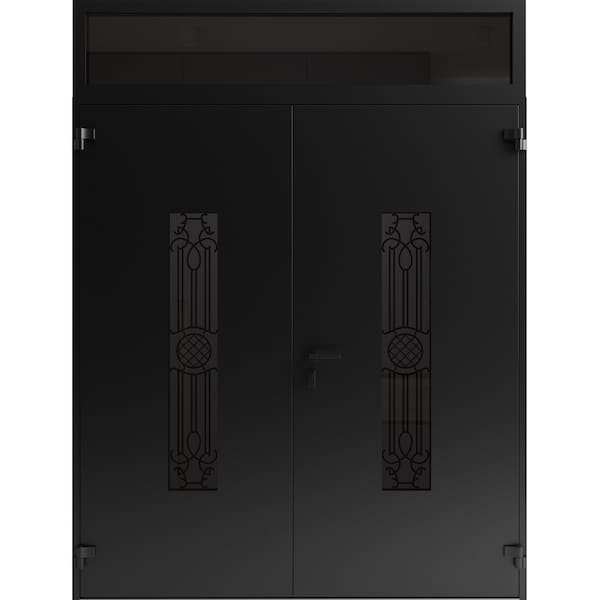 Vdomdoors Front Exterior Prehung Aluminum Double Doors Ronex1477 Black Enamel Top Transom Mirrored Clear RONEX1477DEXD-BLK-W72xH96+12-LH-O - main