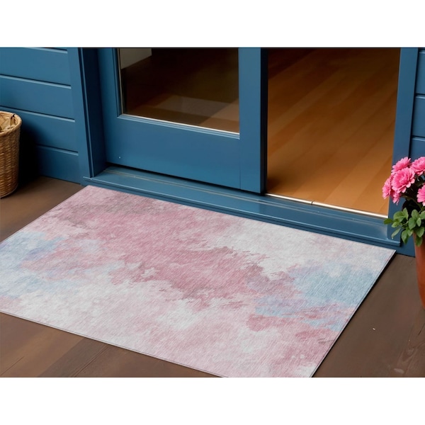 Homeroots 3' X 5' Blush Ivory And Blue Abstract Washable Indoor Outdoor Area Rug 617389 - main