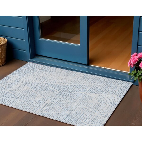 Homeroots 3' X 5' Denim Blue Ivory And Gray Geometric Washable Indoor Outdoor Area Rug 577739 - main
