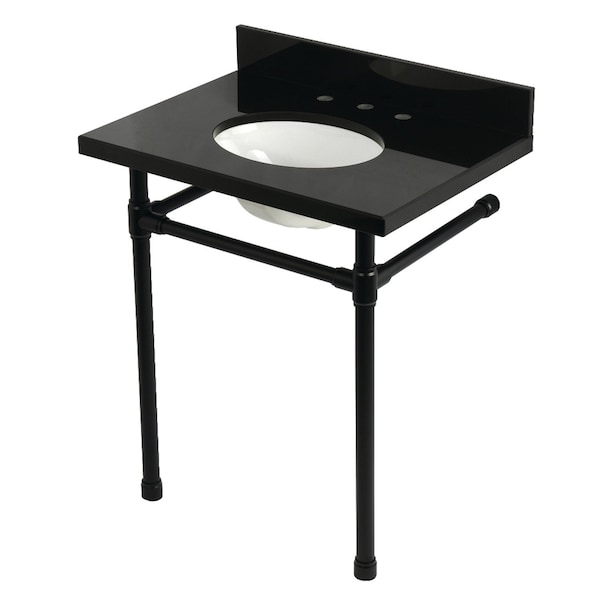 Kingston Brass 30" Black Granite Console Sink with Stainless Steel Legs, 8-Inch, 3-Hole, Black Granite/Matte Black KVPK30K80ST - main