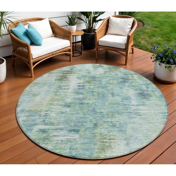 Homeroots 8' Teal Blue Green And Ivory Round Abstract Washable Indoor Outdoor Area Rug 587856 - main