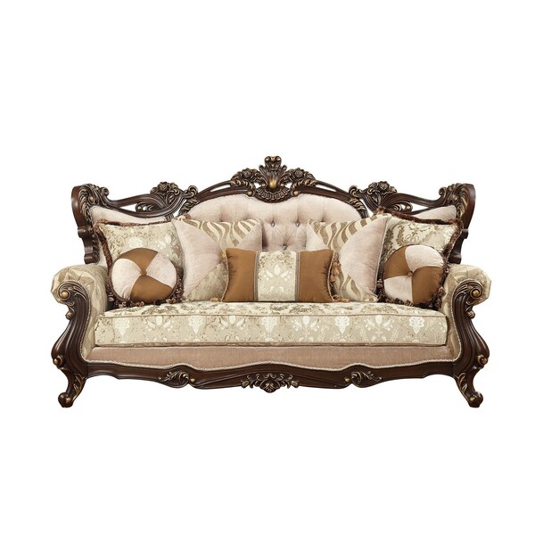 Homeroots 42" Beige Polyester Blend Curved Damask Sofa And Toss Pillows With Brown Legs 348225 - main