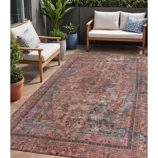 Homeroots 5' X 8' Pink And Mauve Medallion Washable Indoor Outdoor Area Rug 616071 - main