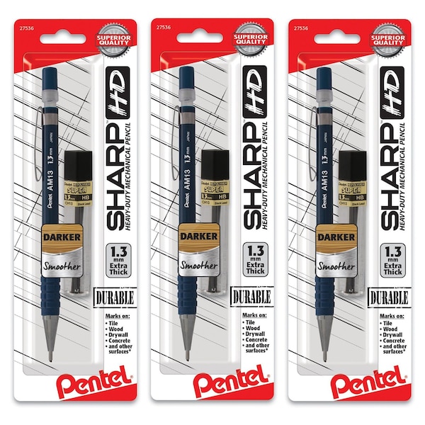 Pentel Sharp HD Mechanical Pencil (1.3mm), Dark Blue Barrel, (1) Super Hi-Polymer Lead Refill, 3PK AM13LBP - main