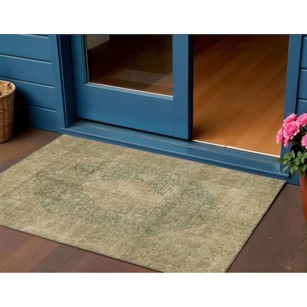 Homeroots 3' X 5' Artichoke Green And Beige Medallion Washable Indoor Outdoor Area Rug 616442 - main