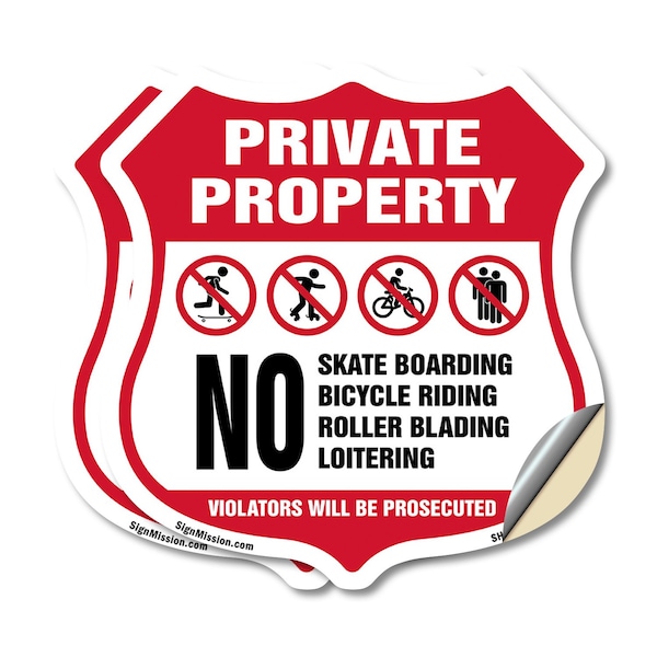 Signmission Private Property Shield Sign No Skateboa, 12 inch X 12 inch, Vinyl Decal, 2PK SHI-D-2PACK-12-442 - main