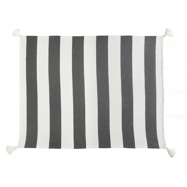 Homeroots 50" X 60" Gray and White Woven Cotton Striped Throw Blanket with Tassels 516594 - main
