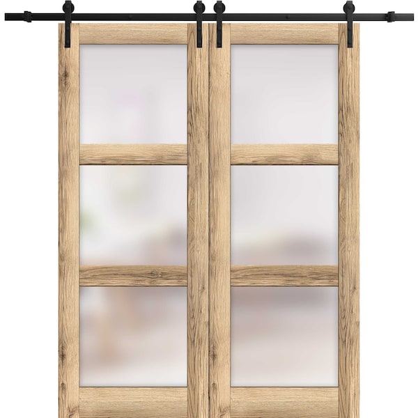 Sartodoors Sturdy Double Barn Door with Frosted Glass, Lucia 2552 Oak, 13FT Rail Hangers Heavy Set, Solid Pa LUCIA2552DB-DUB-4884 - main