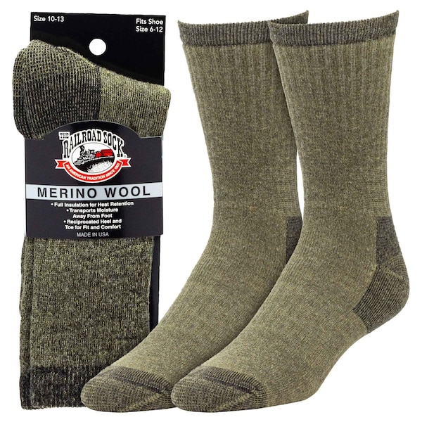 Railroad Sock Mens Crew Socks, 50% Merino Wool, 35% Acrylic, 13% Nylon, 2% Spandex, Olive, 6-12 M, 1 PR 2965 OL - main