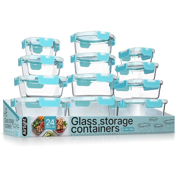 Bakkenmaster Borosilicate Glass Food Storage Containers with Lids, BPA-Free, Airtight and Leak-Proof, Aqua, 24PK EMPGFCL24AQ - main
