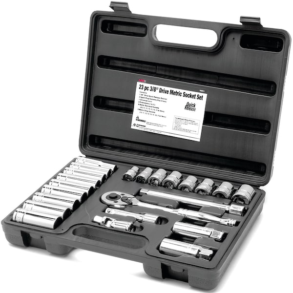 Performance Tool 23 pc. 3/8 in. Dr. Metric Socket Set, 108 Gear Teeth, Ratchet, Extension W38914 - main