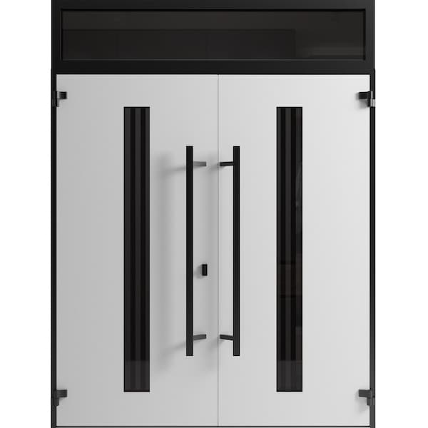 Vdomdoors Front Exterior Prehung Aluminum Double Doors Ronex1055 Teak Top Transom Mirrored Clear Glass Entry RONEX1055DEXD-OAK-W72xH96+12-RH-O - main