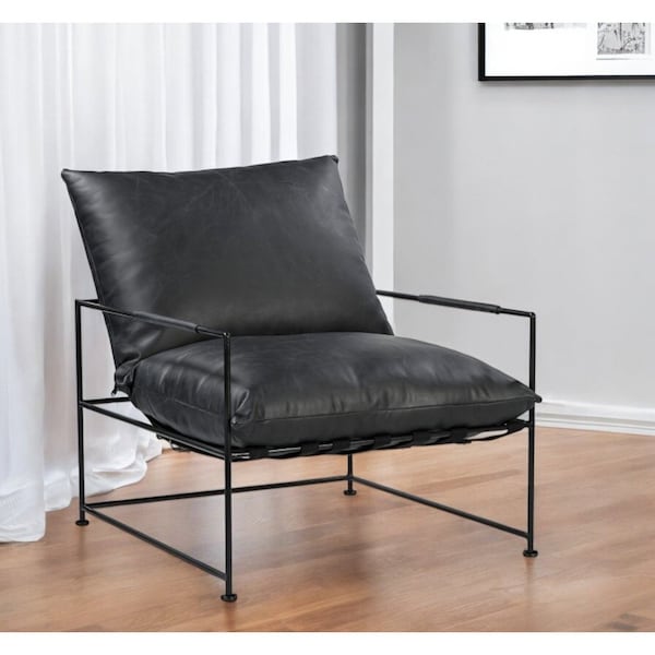 Homeroots 28" Black Genuine Leather Distressed Arm Chair 588331 - main