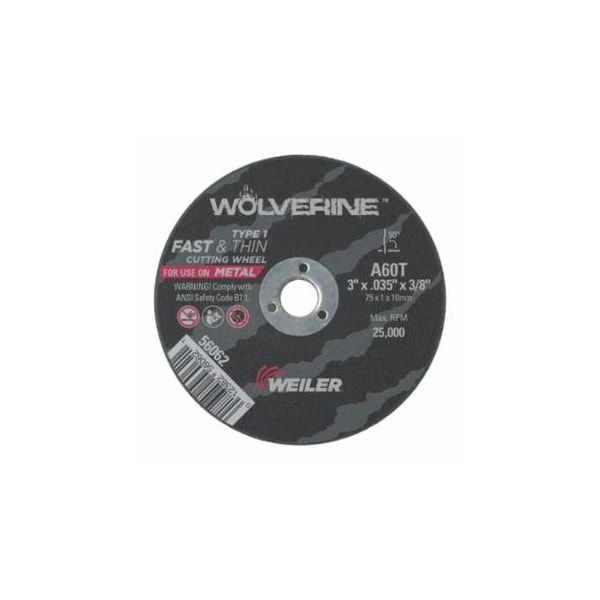 Weiler Wolverine Cut-Off Wheel, Type 1, AO, 3 in dia x 3/8 in AH x 0.035 in Thick, 60T, 100 EA/PK, 100PK 804-56062 - main