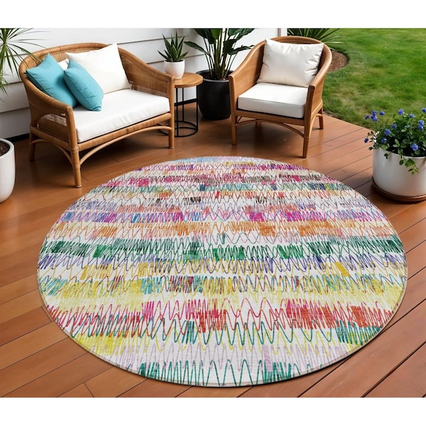 Homeroots 8' Green Ivory And Purple Round Striped Washable Indoor Outdoor Area Rug 589184 - main
