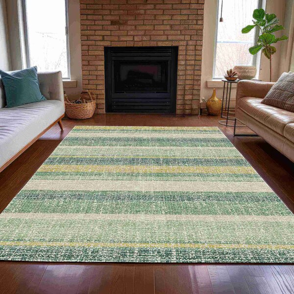 Homeroots 9' X 12' Pale Aqua And Lime Green Striped Washable Indoor Outdoor Area Rug 632243 - main