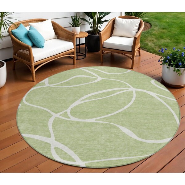 Homeroots 8' Artichoke Green And Ivory Round Abstract Washable Indoor Outdoor Area Rug 597453 - main