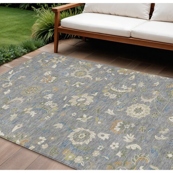 Homeroots 9' X 12' Gray Blue And Green Floral Washable Indoor Outdoor Area Rug 597816 - main