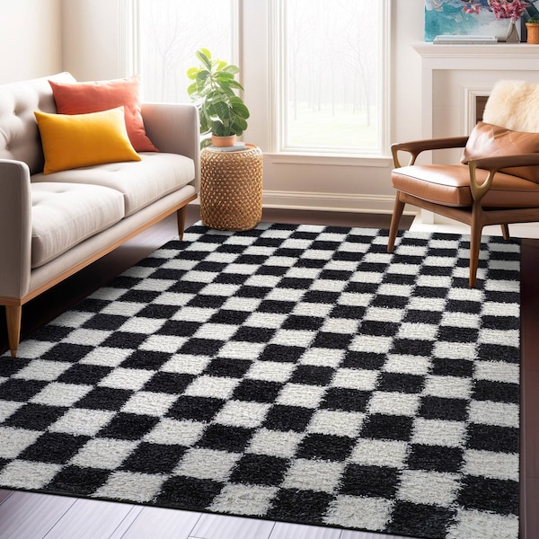 World Rug Gallery Block Pattern Shag Area Rug 5 ft x 7 ft Anthracite WR118ANTHRACITE5X7 - main