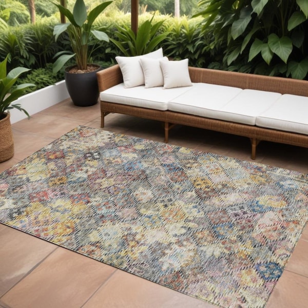 Homeroots 10' X 14' Gold Blue And Brown Floral Washable Indoor Outdoor Area Rug 604155 - main
