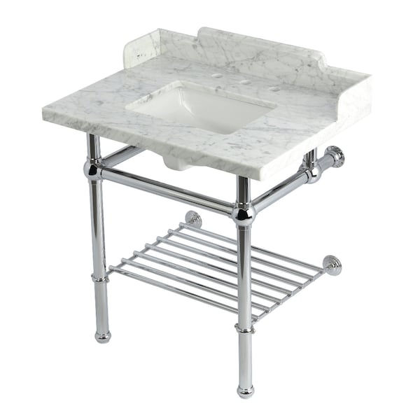 Kingston Brass 30-Inch Carrara Marble Console Sink with Brass Legs and Shelf, 8-Inch, 3-Hole LMS3030MBSQB1 - main