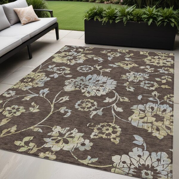 Homeroots 5' X 8' Chocolate Sky Blue And Artichoke Green Floral Washable Indoor Outdoor Area Rug 589459 - main