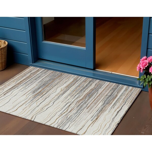 Homeroots 3' X 5' Ivory Brown And Gray Striped Washable Indoor Outdoor Area Rug 597253 - main