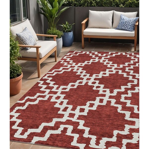 Homeroots 5' X 8' Brick Red And Ivory Geometric Washable Indoor Outdoor Area Rug 593739 - main
