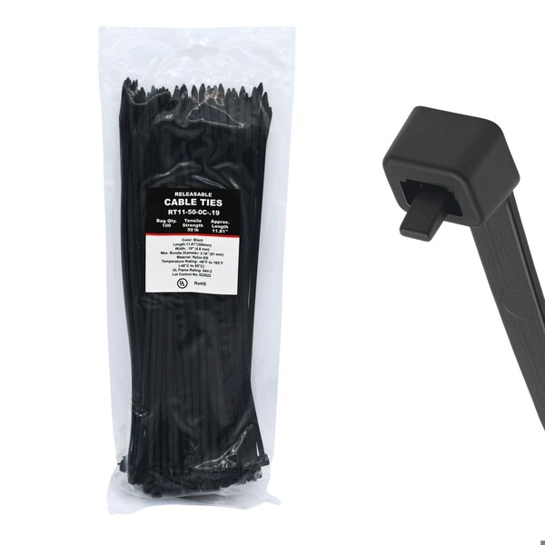 Cable Ties Unlimited Pawl Releasable Cable Tie, 11 in L, 50 lb Strength, 3.2 in Max Bundle Dia, Nylon, UV-Res, Blk, 100PK RT11-50-0C-.19 - main