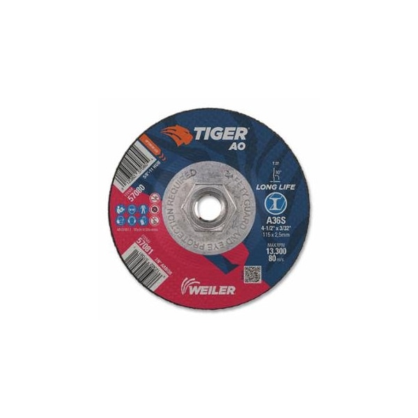 Weiler Tiger AO Cutting Wheel, 4-1/2 in dia x 3/32 in Thick, 5/8 in-11 UNC Arbor, A36S, Type 27, 10PK 804-57080 - main