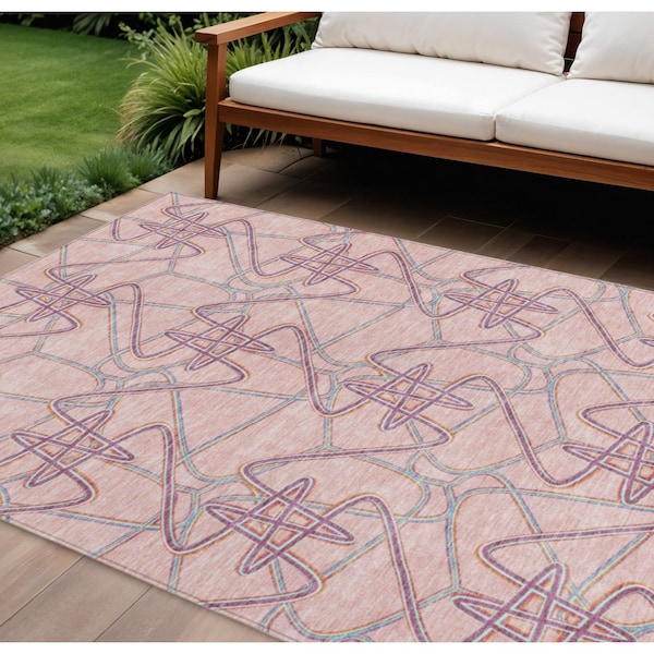 Homeroots 10' X 14' Pink Purple And Sky Blue Geometric Washable Indoor Outdoor Area Rug 612820 - main