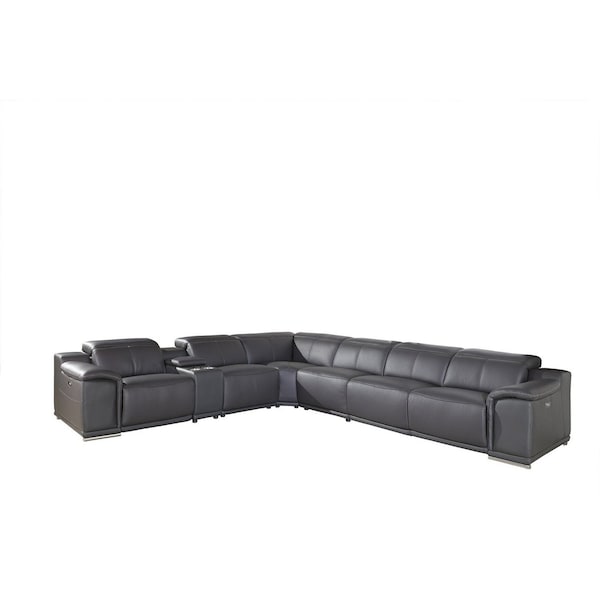 Homeroots Gray Italian Leather Power Reclining U Shaped Seven Piece Corner Sectional With Console 366358 - main
