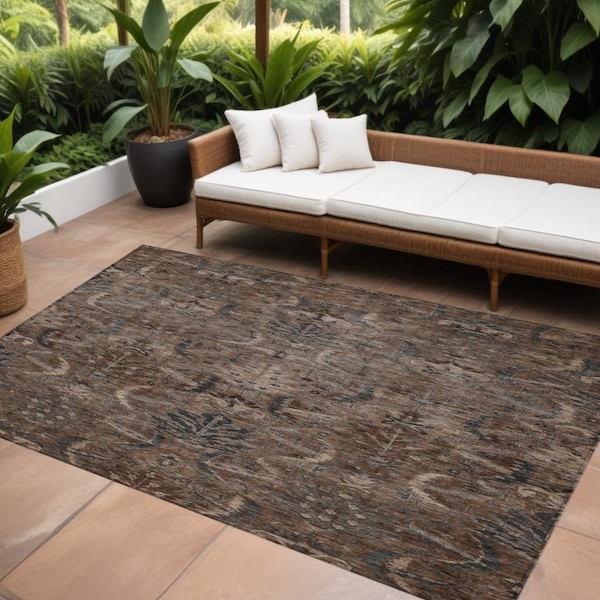 Homeroots 9' X 12' Brown Tan And Charcoal Damask Washable Indoor Outdoor Area Rug 603315 - main