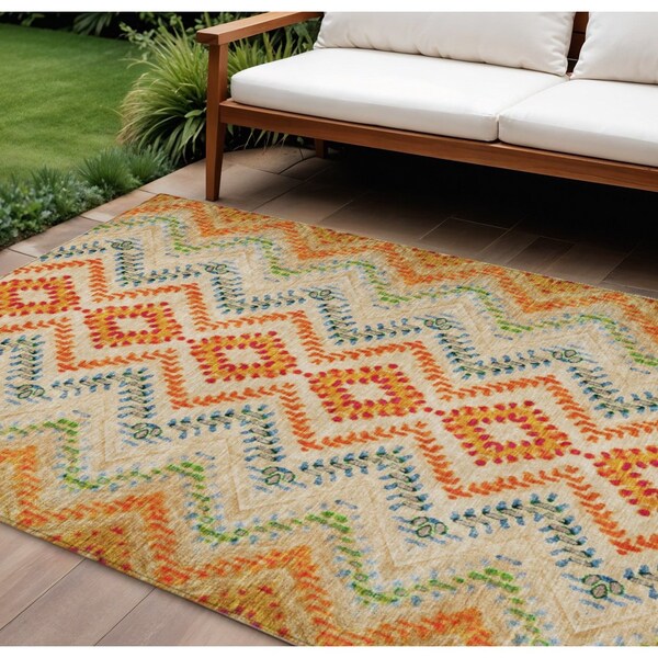 Homeroots 10' X 14' Beige Orange And Red Geometric Washable Indoor Outdoor Area Rug 581526 - main